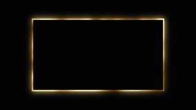 On a black background, a black rectangle frame with a gold border, free space for text and product advertising. Animation of a luxury frame in a minimalism style.