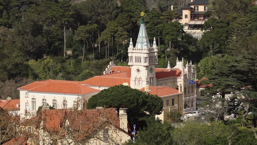 Sintra City Hall. 4K video view from above with the city hall building of this amazing historical city from Portugal, next to Lisbon, during a sunny day.