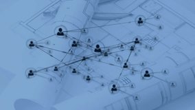 Animation of network of connections with icons over architect's drawings. Global property, finance, business, connections, computing and data processing concept digitally generated video. - Powered by Shutterstock - Get 15% off with code: PIKWIZARD15