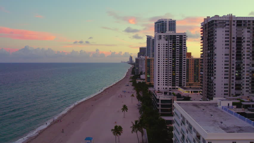 4k Drone Aerial of Florida Hollywood Miami Sunny Beach with Palm Trees Royalty-Free Stock Footage #3453453209