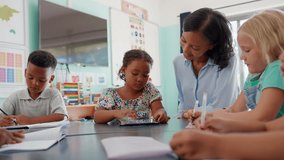Female primary or elementary school teacher helping students with digital tablet around table in class - shot in slow motion - Powered by Shutterstock - Get 15% off with code: PIKWIZARD15