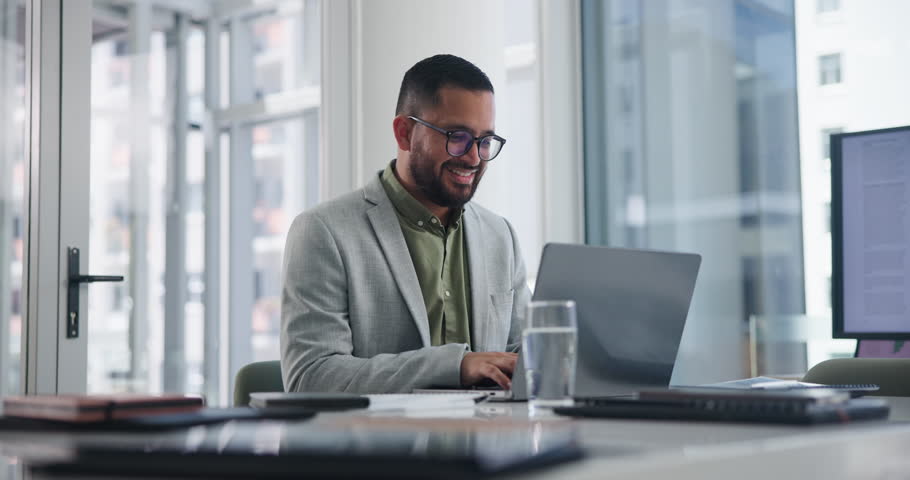 Smile, business man and typing on laptop at office for data, planning project or reading email. Computer, happy professional and financial advisor with information, analysis or statistics on internet
