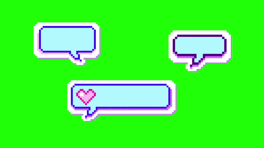 Pixel art frames. Retro game UI play buttons, speech bubbles messages and quote frames vector set. Hearts Emoji, Text Messages, Heart speech bubble, Pixel emoji, Computer video game, love symbol