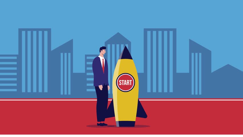 Business man launching a rocket video, Starting new business video animation