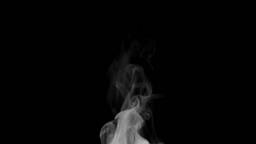 Steam for Food. White steam spins and rises from the pan. White smoke rises from a large pot, which is located behind the frame. Isolated Steam seamless loop black background.