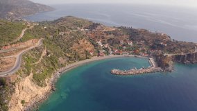 4k drone forward video (Ultra High Definition) of Sampatiki port. Superb summer scene of Peloponnese peninsula, Greece, Europe. Charming morning seascape of Myrtoan Sea. Traveling concept background.