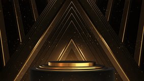 Beautiful 3D luxury golden podium stage. triangle hall. glowing stardust particles glittering zoom in. for Oscar award ceremony event, Digital Art, Modern background, motion design, Loopable, LED, 4K - Powered by Shutterstock - Get 15% off with code: PIKWIZARD15