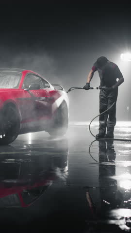 Vertical Screen: Advertising Style Footage of a Professional Car Wash Specialist Using a High Pressure Washer to Clean and Prepare a Red Sports Coupe for Detailing, Polishing and Waxing