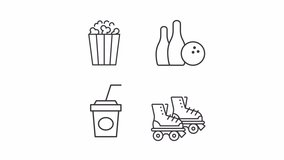 Animated outdoor entertainment icons. Shopping center activities line animation library. Movie food, sport hobby. Black illustrations on white background. HD video with alpha channel. Motion graphic