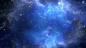 Flying through blue nebulae and galaxies. Lots of stellar groups passing by. Cluster of stars, journey through space, the vast expanse of the universe. Looped repeating video. 4k footage