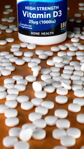 Vertical video – Closeup dolly shot of a white tablets or pills spread out next to an unbranded high strength Vitamin D tub or container.