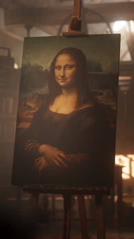 Vertical Screen: Renaissance Aesthetics: Empty Shot with no People Presenting the Famous Painting of the Mona Lisa Resting on Easel Stand in Old Art Workshop. Recreation of Da Vinci's Creative Space