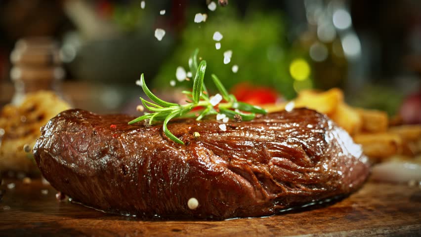 Super Slow Motion of Falling Spice on Beef Steak. Camera Placed on High Speed Cine Bot. Filmed on High Speed Cinema Camera, 1000 fps.
