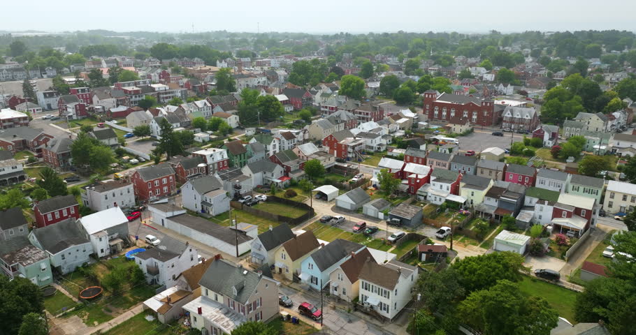 Historical American city architecture. Hagerstown, old city in Washington County, Maryland. Streets and buildings from above