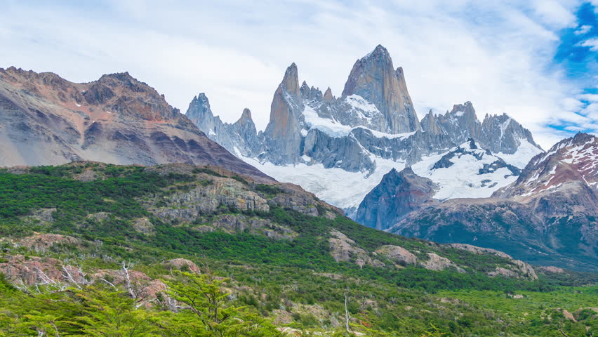 Timelapse of Fitz Roy mountain in Patagonia, on the border between Argentina and Chile, Los Glaciares National Park, Patagonia, Argentina.