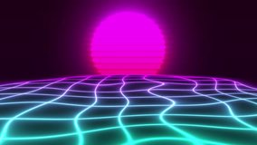 Animation purple sun shines on a round neon grid. Sci fi landscape. Retrowave videogame landscape. 4k video for your project.
