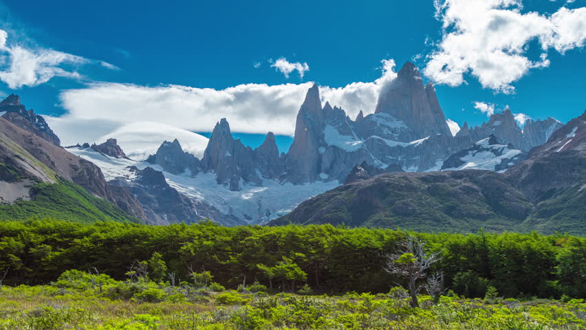 Timelapse of Fitz Roy mountain in El Chanten, on the border between Argentina and Chile, Los Glaciares National Park, Patagonia, Argentina.