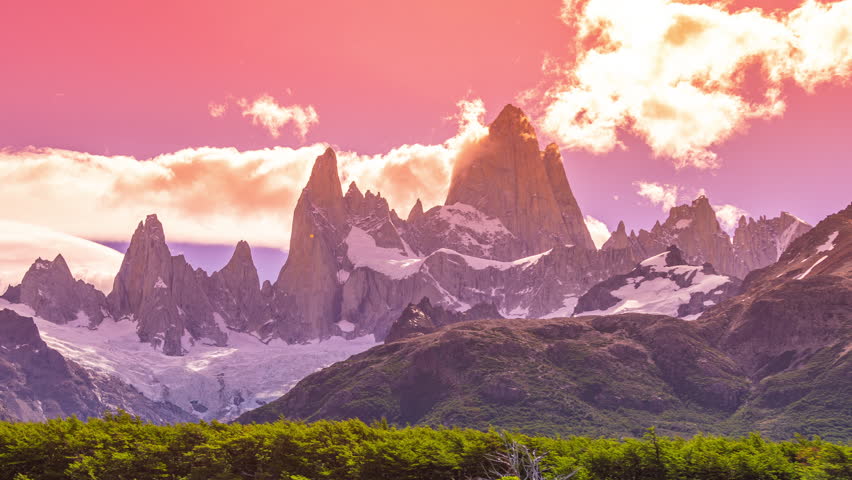 Timelapse of Fitz Roy mountain on sunset time in El Chanten, on the border between Argentina and Chile, Los Glaciares National Park, Patagonia, Argentina.