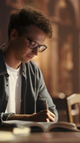 Vertical Screen: Handsome European Student Studying in a Traditional Library. Young Male in Glasses Using Laptop Computer to Work on a University Research Project, Writing in Paper Notebook Royalty-Free Stock Footage #3453897941
