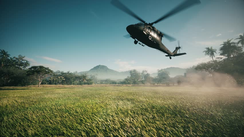 Military helicopter landing in the jungle