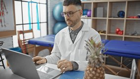 Hispanic man in glasses discussing with laptop in a physiotherapy clinic office with an exercise ball and anatomical chart in the background. - Powered by Shutterstock - Get 15% off with code: PIKWIZARD15