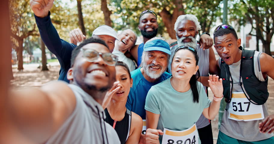 Group of people, smile or selfie of fitness, winning, fist pump for success in exercise or marathon. Excited, runners or friends for hand up to celebrate, victory or competition in park in Canada Royalty-Free Stock Footage #3453971285