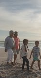 Vertical video of happy biracial family walking on sunny beach. healthy, active retirement beach holiday.