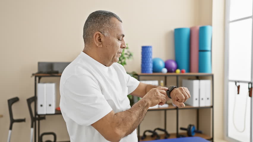 A middle-aged hispanic man in a white shirt adjusts a smartwatch indoors at a rehabilitation clinic.