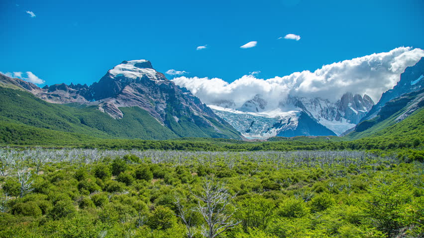 Timelapse view of Cerro Torre Mountain and glacier near El Chalten and Monte Fitz Roy, Argentina.
