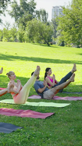 Vertical Screen: Yoga group holds boat pose in sunny park, combining core strength with nature s tranquility for balanced workout. Concept healthy lifestyle