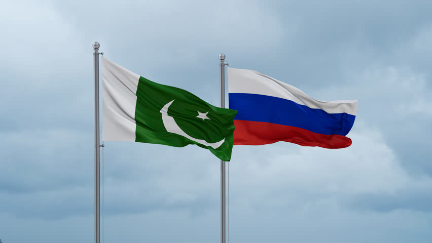 Russian Federation and Pakistan flag waving together on cloudy sky, endless seamless loop Royalty-Free Stock Footage #3454123087