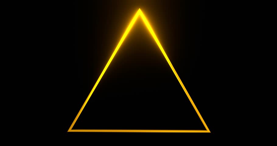 Triangular frame with glowing gold line template. Yellow triangle illuminated by 3d render golden luminous line moving along perimeter for design. 3D Illustration