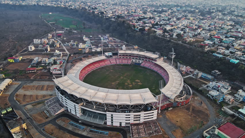 Aerial view of the International Cricket Stadium in Dehradun, Uttarakhand. Beautiful Indian City, Developing India concept Royalty-Free Stock Footage #3454172969