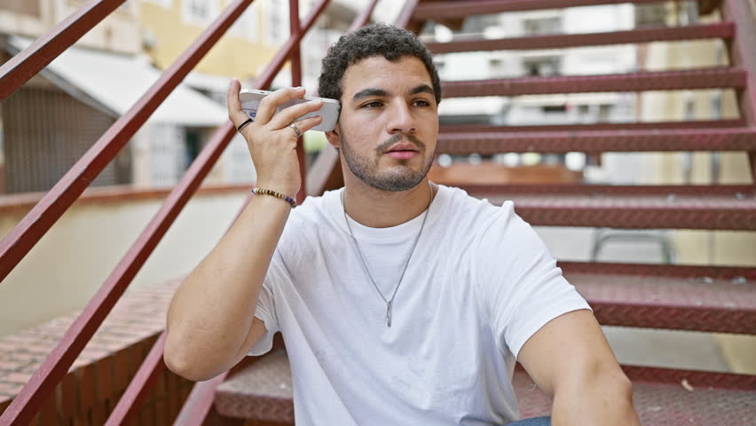 A young middle eastern man with a beard using a smartphone on urban outdoor stairs, displaying casual style.