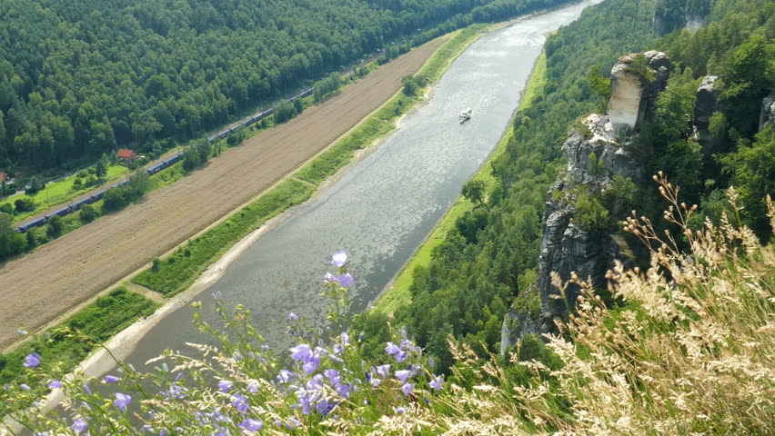 The Elbe river and cliffs of Bastei. Elbe Sandstone Mountains. Germany