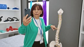 Hispanic woman in clinic using smartphone for videocall while teaching about spine