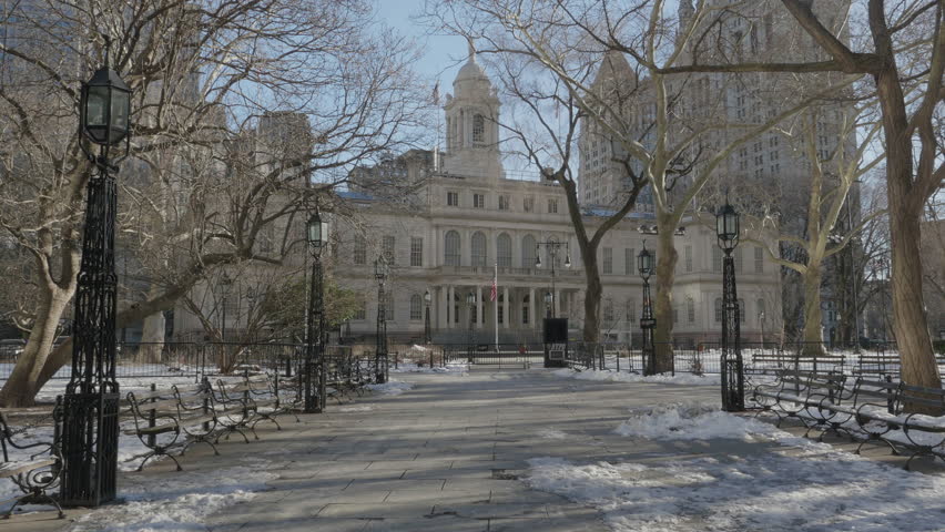 Handheld shot of City Hall on a winter morning. Shot in Manhattan, New York in 4k.