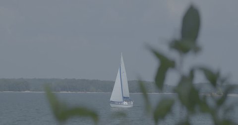 Sailboat on water in distance ஸ்டாக் வீடியோ