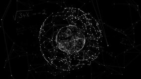 Animation of network of connections and globe on black background. Global environment, connections, computing and data processing concept digitally generated video.