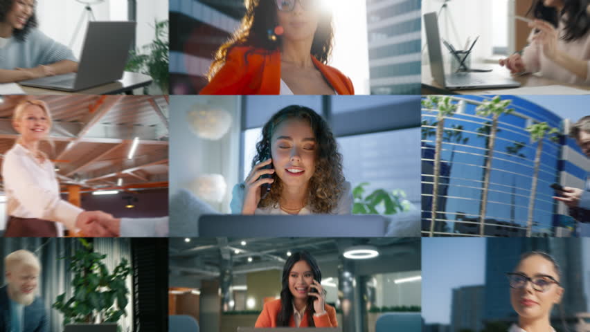 Zoom out portrait young elegant professional business woman in suit using smartphone in modern office. Collage of diverse age, gender business people. Company managers in corporate office, work day 4K