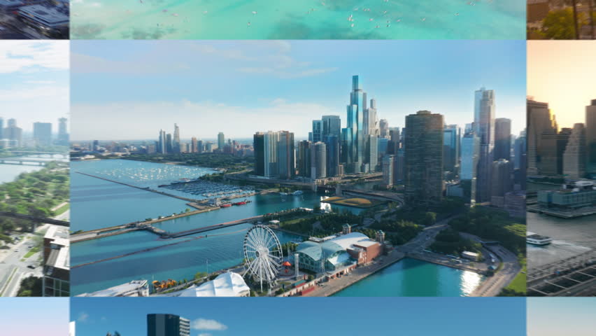 Zoom out aerial collage of main United States cities. Scenic cityscapes of Chicago, New York City, Los Angeles, Honolulu Hawaii, Miami beach Florida, Austin Texas, Seattle, San Francisco downtowns 4K