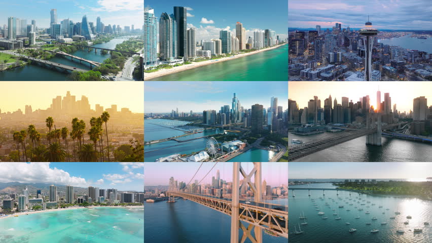 Scenic cityscapes of Chicago, Miami beach Florida, Austin Texas, Seattle, San Francisco, New York City, Honolulu Hawaii, Los Angeles downtowns 4K. Cinematic aerial collage of main United States cities Royalty-Free Stock Footage #3454346147