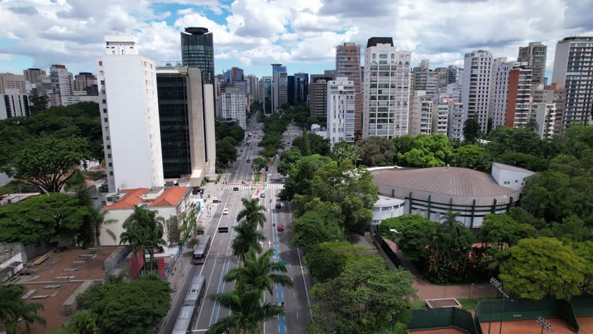 Aerial view of Avenida Brigadeiro Faria Lima, Itaim Bibi. Iconic commercial buildings in the background.