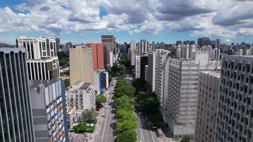 Aerial view of Avenida Brigadeiro Faria Lima, Itaim Bibi. Iconic commercial buildings in the background.