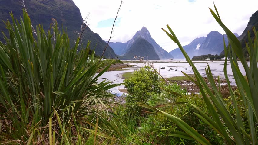 Mitre Peak iconic landmark of Milford Sound in Fiordland National Park, South Island of New Zealand. Royalty-Free Stock Footage #3454364931