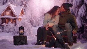 A Man And Woman Sitting On A Bench In The Snow Next To A Small Cabin Rustic Cabin In Winter Forest At Sunset Advertising Photography Video Marketing