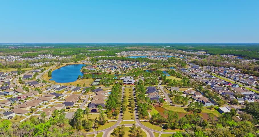 Rivertown is a planned community in Saint Johns, Florida. This is an aerial view flying in from the St. Johns River over the main entrance of the community.