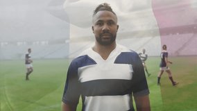 Animation of biracial male rugby player in rugby pitch over flag of france. Global sports, connections, cloud computing and data processing concept digitally generated video. - Powered by Shutterstock - Get 15% off with code: PIKWIZARD15