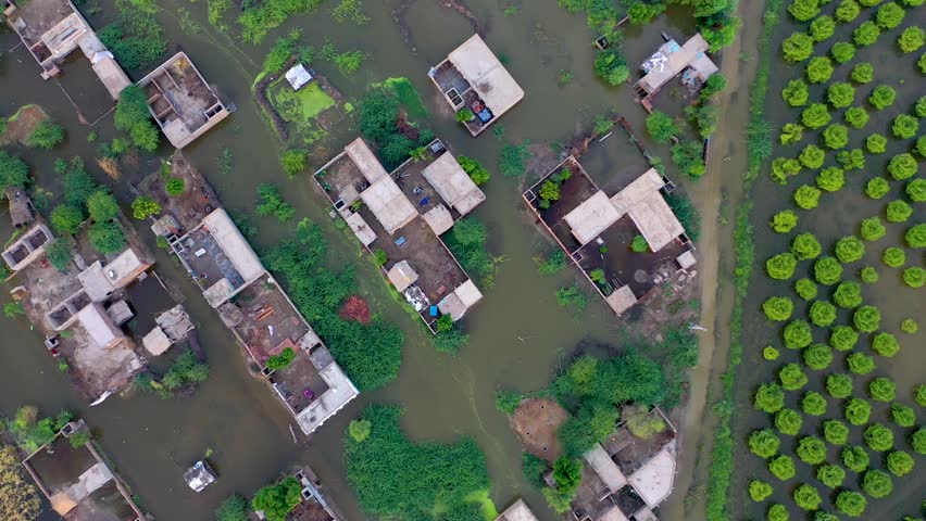 Drone view Floods and flooded houses. Mass natural disasters and destruction. It is the largest city Karachi (Sindh) in Pakistan and the 12th largest in the world . Flooded after floods and rains.