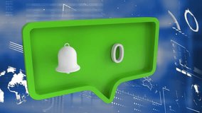 Animation of bell icon and numbers on green speech bubble and data processing. Global finance, business, connections, computing and data processing concept digitally generated video. - Powered by Shutterstock - Get 15% off with code: PIKWIZARD15